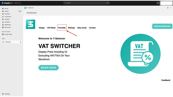 T-Selector dashboard with the Translate menu item highlighted — step 1
