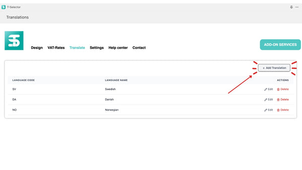 The Translate view with the Add Translation button highlighted — step 2