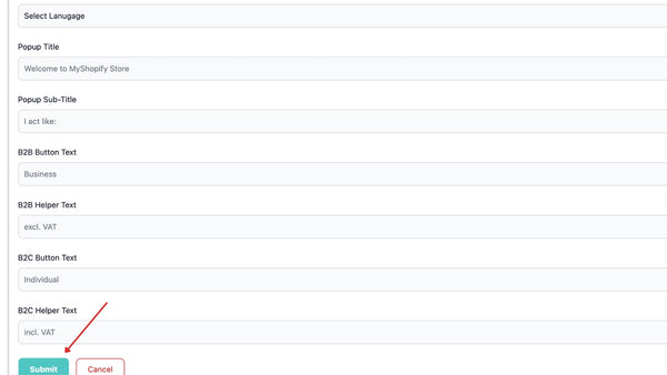 Editing the storefront texts for the selected country and submitting — step 4