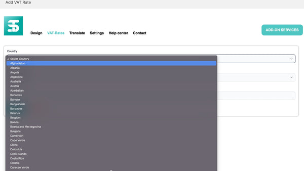 Country selection dropdown when adding a VAT rate — step 3
