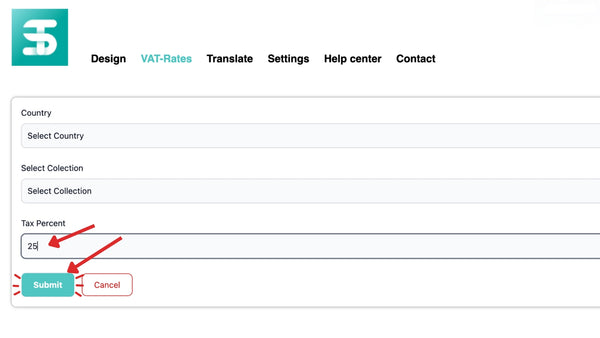 Entering the VAT percentage and submitting the new rate — step 5
